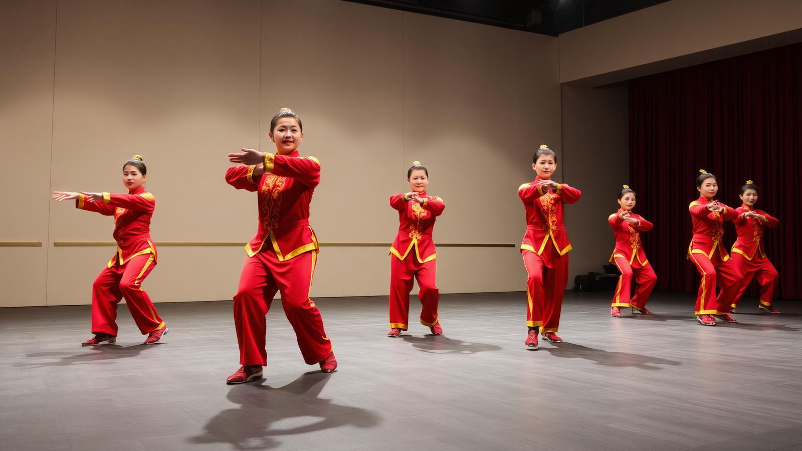 Singapore wushu team performing in red uniforms